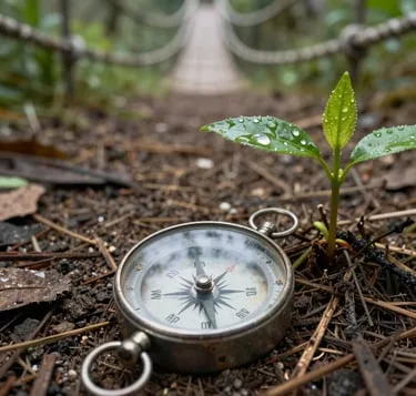 A compass beside a young plant on the forest floor, with a footbridge behind