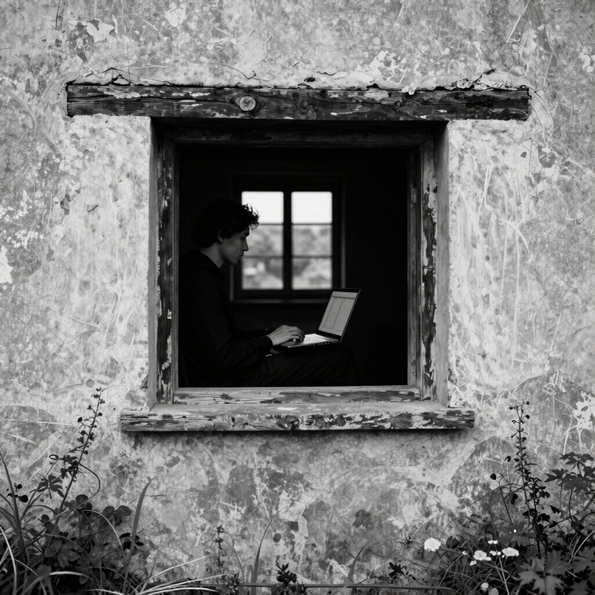 A person working on a laptop in a deep-set rustic window.